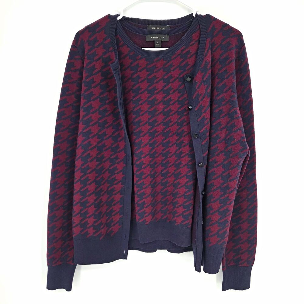 Ann Taylor Womens Houndstooth Knit Cardigan Sweater & Vest Crew Neck 2 Piece